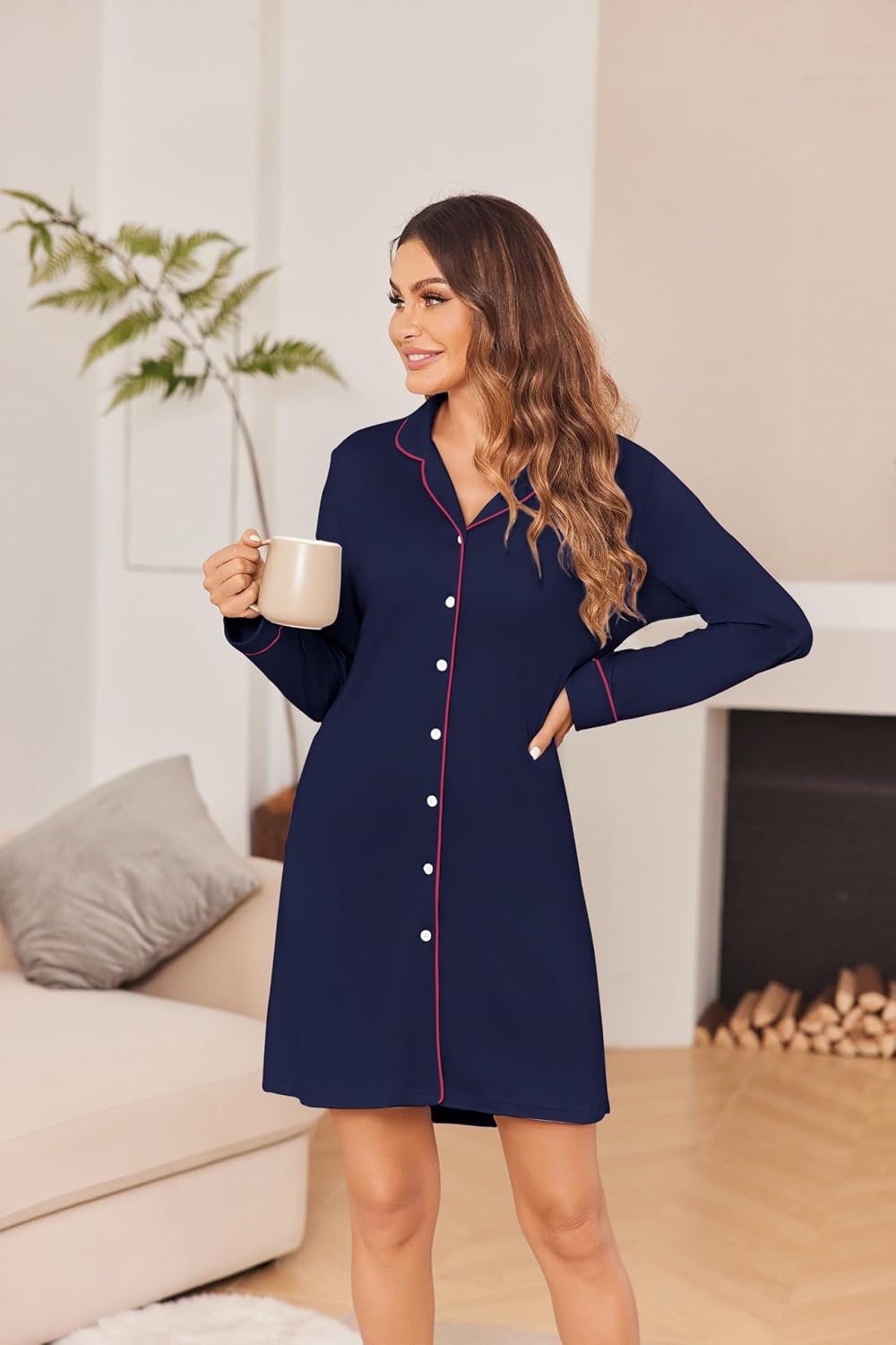 image:imageEkouaer Womens Nightgown Long Sleeve Nightshirt Soft Button Down Sleepshirt Notch Collar Boyfrend Sleepwear Maternity Nursing Nightgown Delivery Pajama Shirt Bridal Night Dress Classic LoungewearNavy Blue2