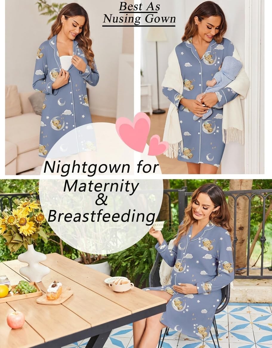 image:imageEkouaer Womens Nightgown Long Sleeve Nightshirt Soft Button Down Sleepshirt Notch Collar Boyfrend Sleepwear Maternity Nursing Nightgown Delivery Pajama Shirt Bridal Night Dress Classic LoungewearTeddy Moon