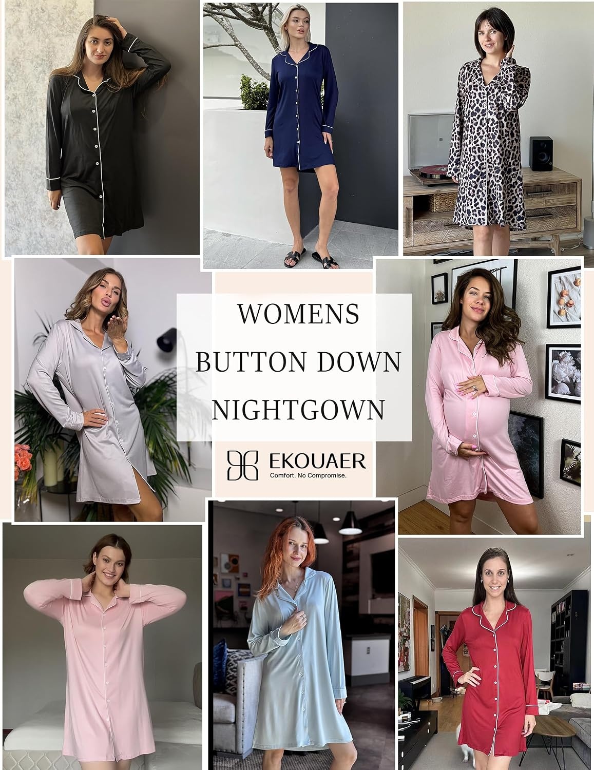 image:imageEkouaer Womens Nightgown Long Sleeve Nightshirt Soft Button Down Sleepshirt Notch Collar Boyfrend Sleepwear Maternity Nursing Nightgown Delivery Pajama Shirt Bridal Night Dress Classic LoungewearMisty Rose