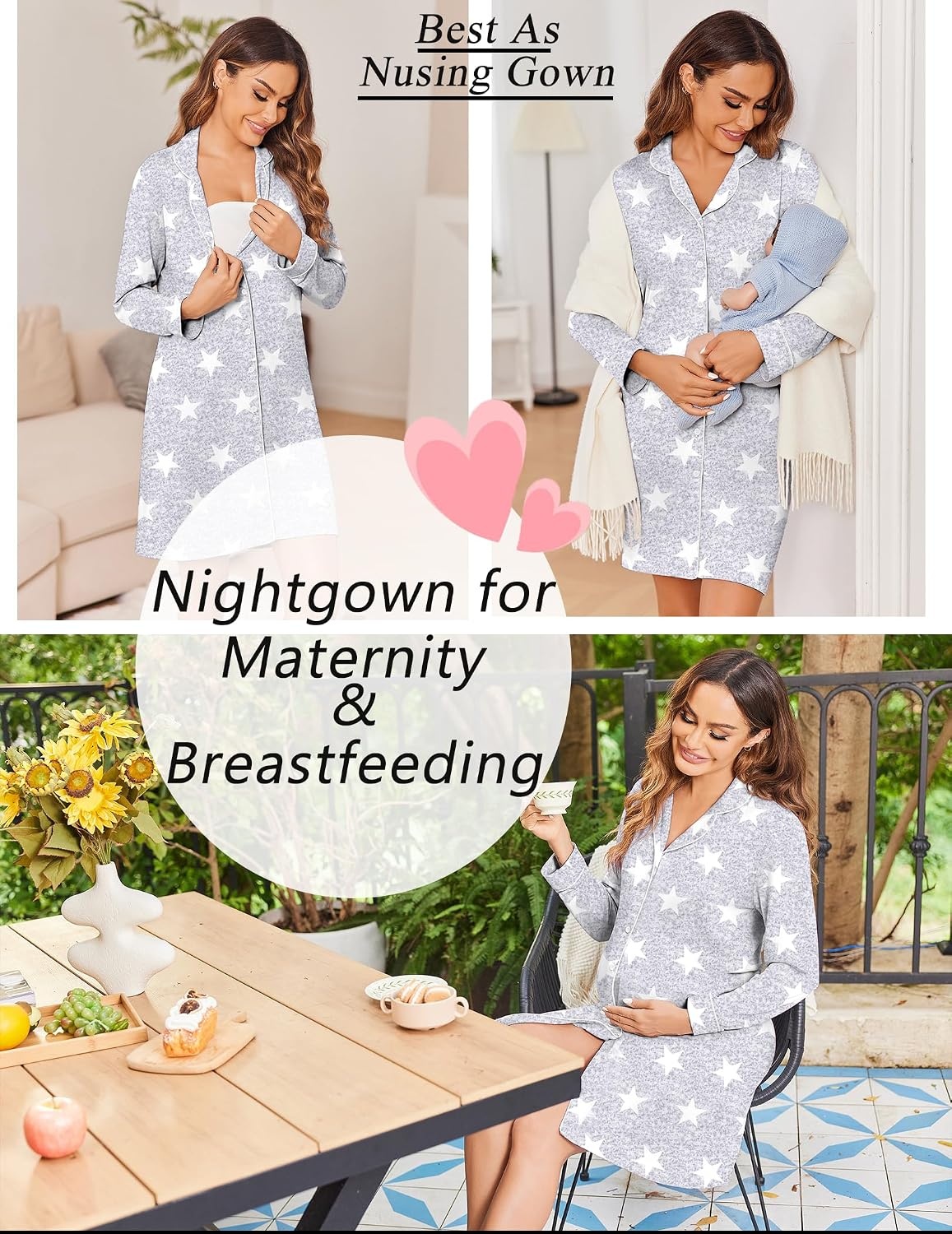 image:imageEkouaer Womens Nightgown Long Sleeve Nightshirt Soft Button Down Sleepshirt Notch Collar Boyfrend Sleepwear Maternity Nursing Nightgown Delivery Pajama Shirt Bridal Night Dress Classic LoungewearGray Star