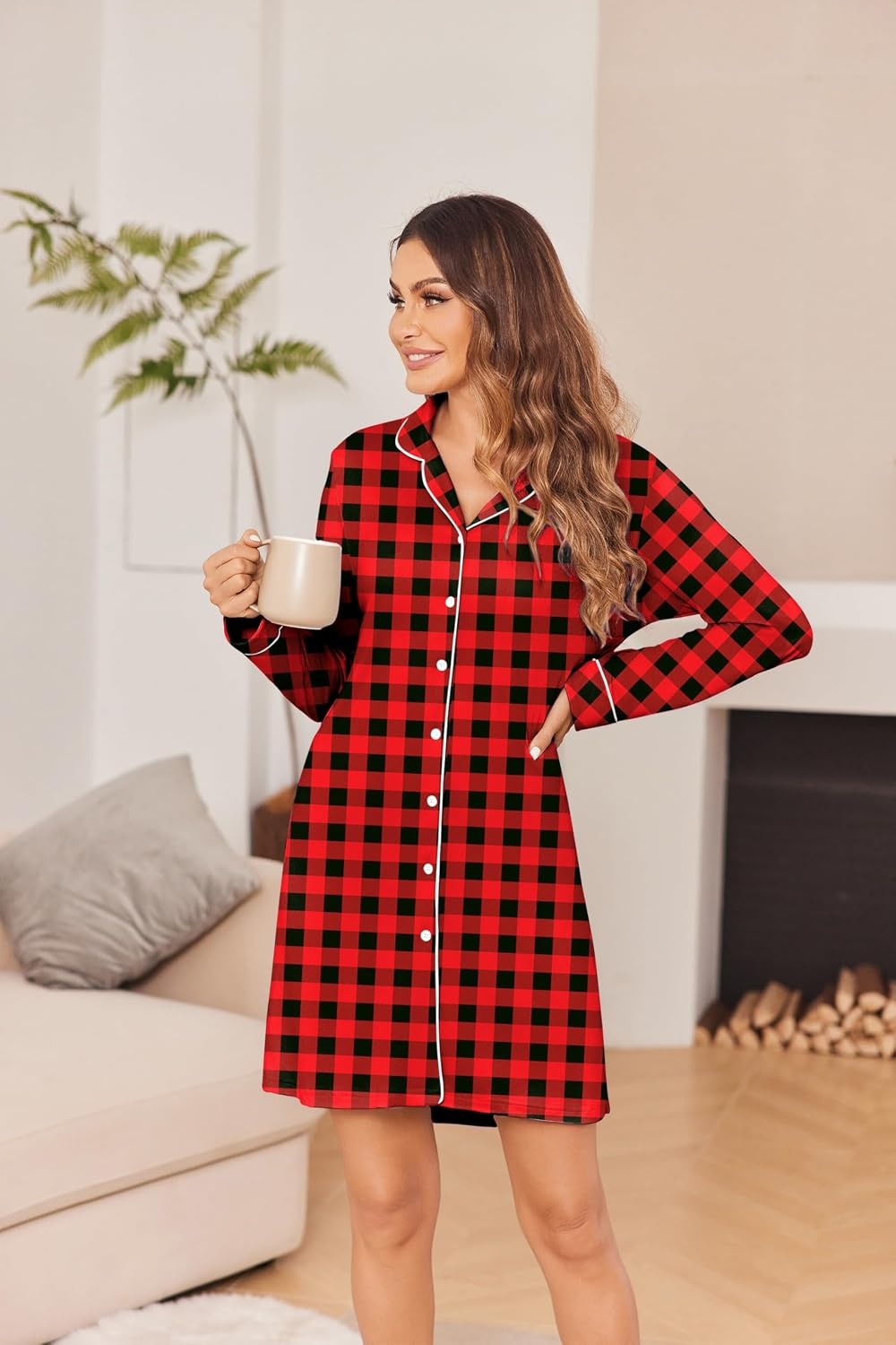 image:imageEkouaer Womens Nightgown Long Sleeve Nightshirt Soft Button Down Sleepshirt Notch Collar Boyfrend Sleepwear Maternity Nursing Nightgown Delivery Pajama Shirt Bridal Night Dress Classic LoungewearChristmas Plaid