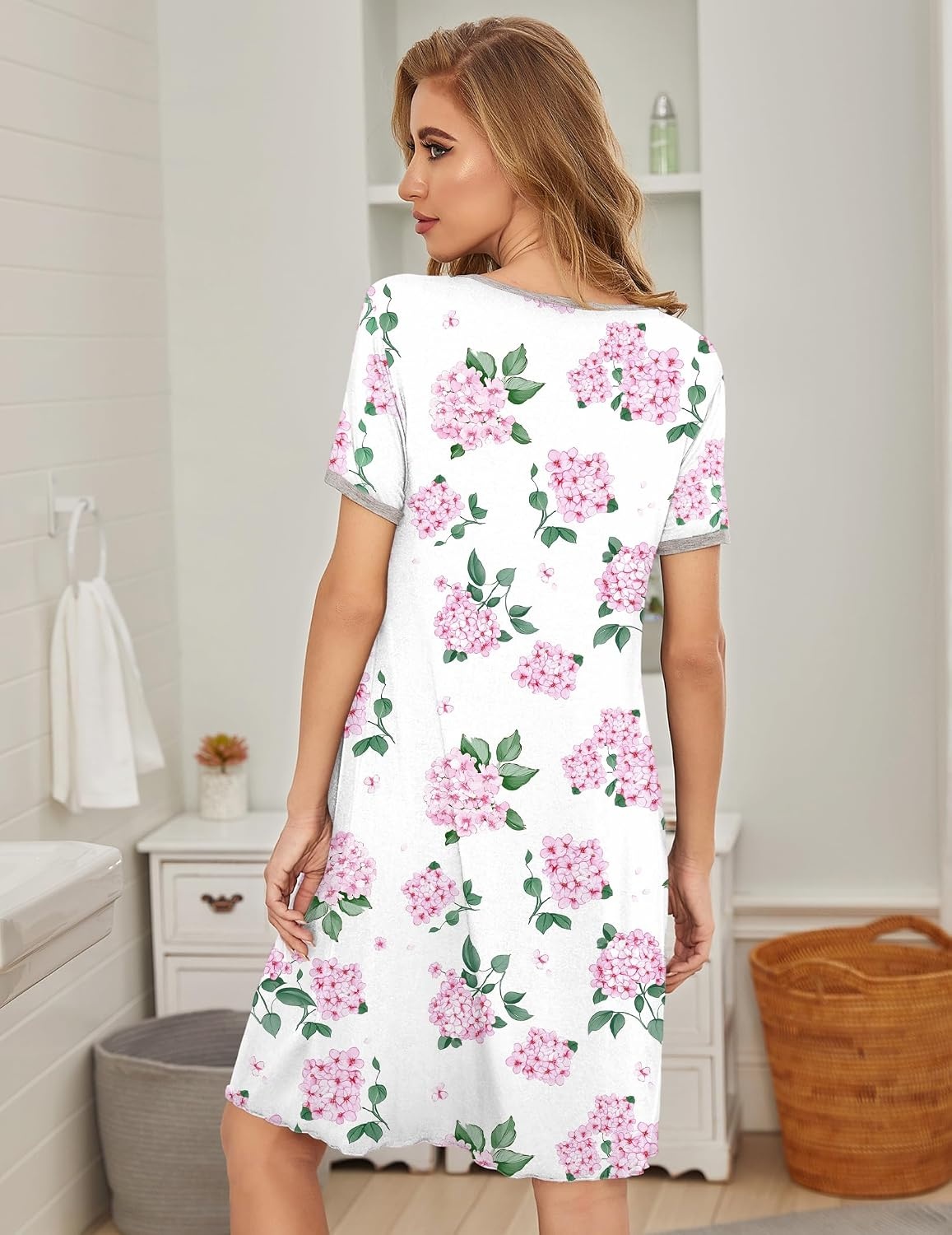 image:imageEkouaer Womens Nightgown Short Sleeve Sleepwear Soft Pleated Sleepshirt Women Soft Sleeping Gown Loose Night Gown YearRound Sleepwear Maternity Gown Daily Wear Nightshirt Outdoor LoungewearHydrangea