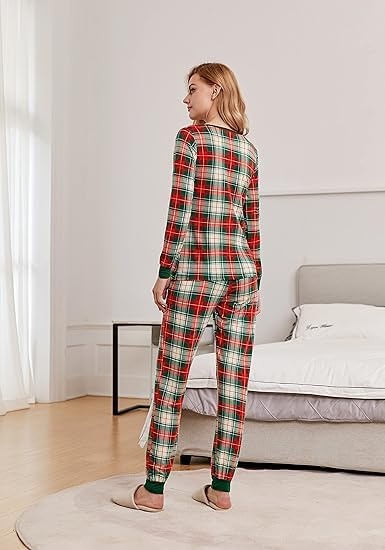 image:imageEkouaer Womens Pajamas Sets Long Sleeve Tops with Jogger Pants TwoPiece Plaid Sleepwear Soft Pjs Fall Lounge Set Casual Outfits with Pockets Round NeckRed Green Plaid
