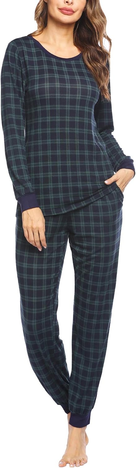 image:imageEkouaer Womens Pajamas Sets Long Sleeve Tops with Jogger Pants TwoPiece Plaid Sleepwear Soft Pjs Fall Lounge Set Casual Outfits with Pockets Round NeckNavygreen Plaid