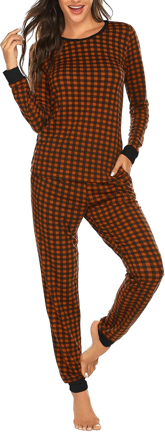 image:imageEkouaer Womens Pajamas Sets Long Sleeve Tops with Jogger Pants TwoPiece Plaid Sleepwear Soft Pjs Fall Lounge Set Casual Outfits with Pockets Round NeckCaramel Plaid