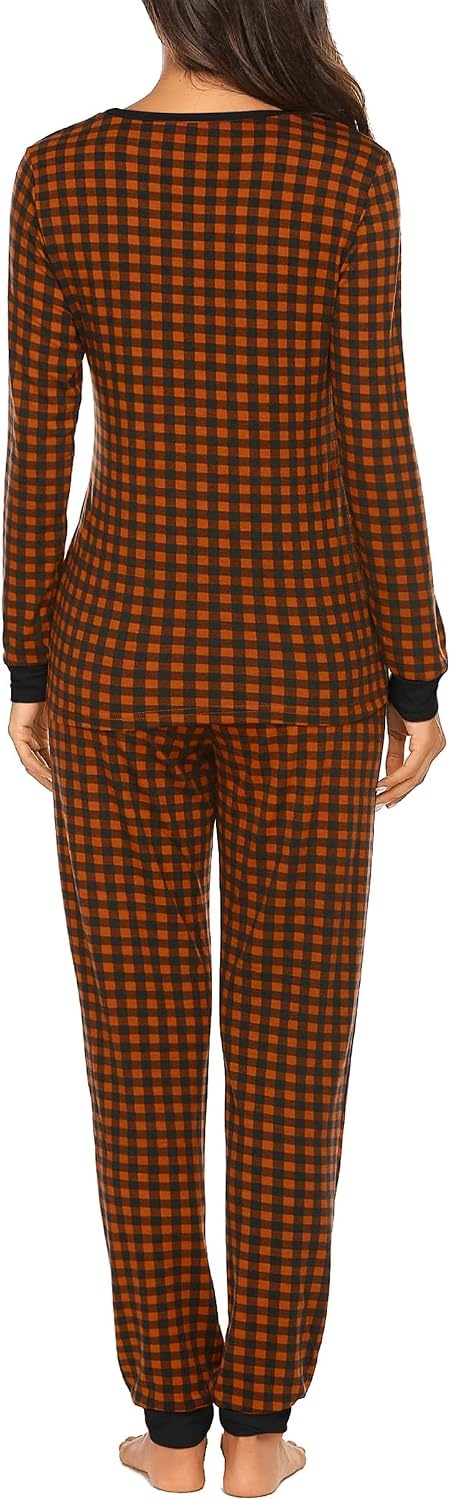 image:imageEkouaer Womens Pajamas Sets Long Sleeve Tops with Jogger Pants TwoPiece Plaid Sleepwear Soft Pjs Fall Lounge Set Casual Outfits with Pockets Round NeckCaramel Plaid