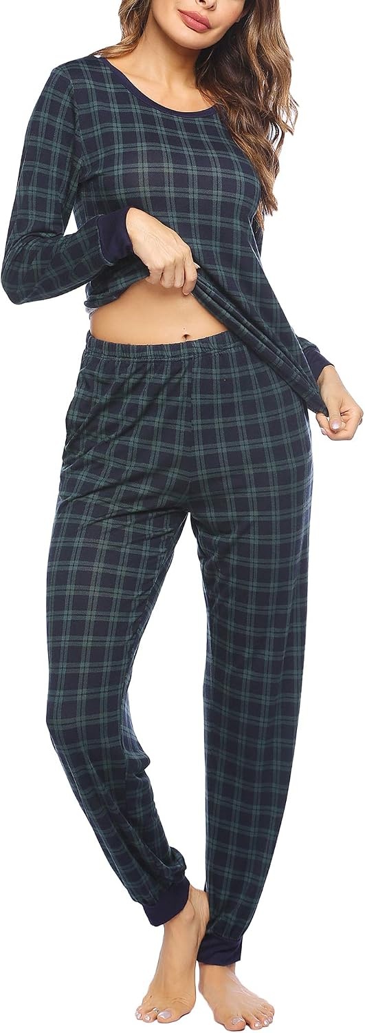 image:imageEkouaer Womens Pajamas Sets Long Sleeve Tops with Jogger Pants TwoPiece Plaid Sleepwear Soft Pjs Fall Lounge Set Casual Outfits with Pockets Round NeckNavygreen Plaid