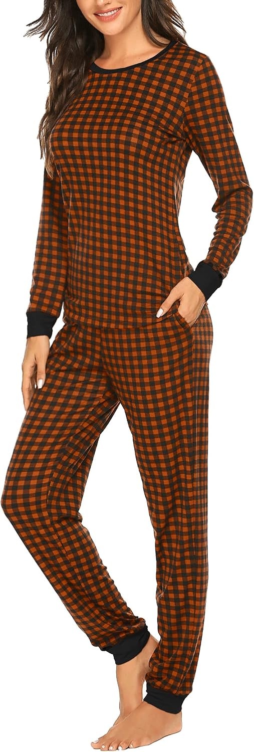 image:imageEkouaer Womens Pajamas Sets Long Sleeve Tops with Jogger Pants TwoPiece Plaid Sleepwear Soft Pjs Fall Lounge Set Casual Outfits with Pockets Round NeckCaramel Plaid