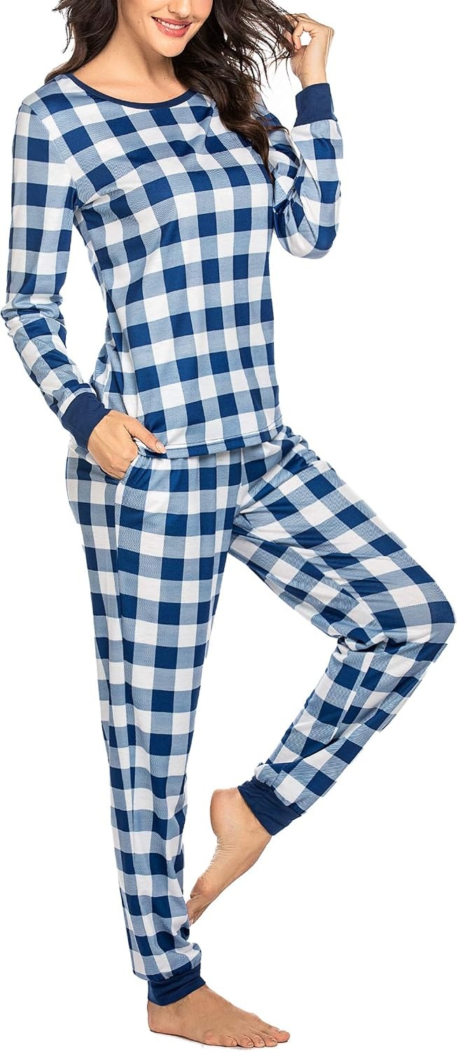 image:imageEkouaer Womens Pajamas Sets Long Sleeve Tops with Jogger Pants TwoPiece Plaid Sleepwear Soft Pjs Fall Lounge Set Casual Outfits with Pockets Round NeckBlue Plaid