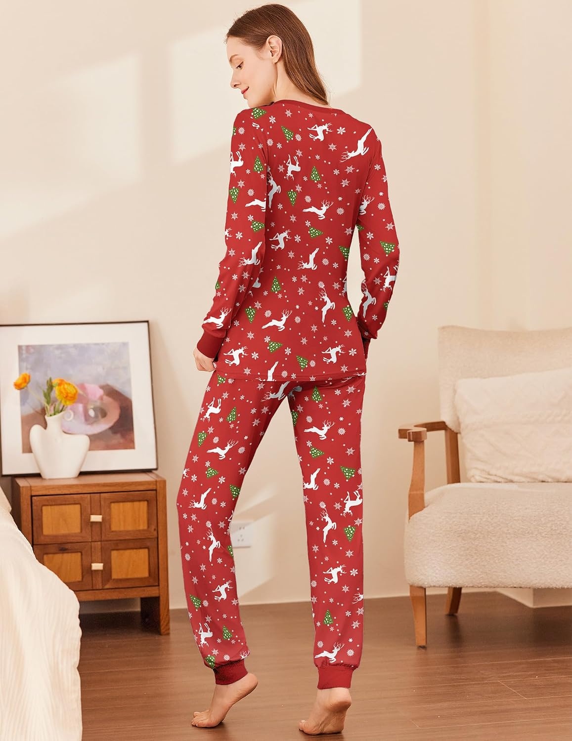 image:imageEkouaer Womens Pajamas Sets Long Sleeve Tops with Jogger Pants TwoPiece Plaid Sleepwear Soft Pjs Fall Lounge Set Casual Outfits with Pockets Round NeckChristmas Red