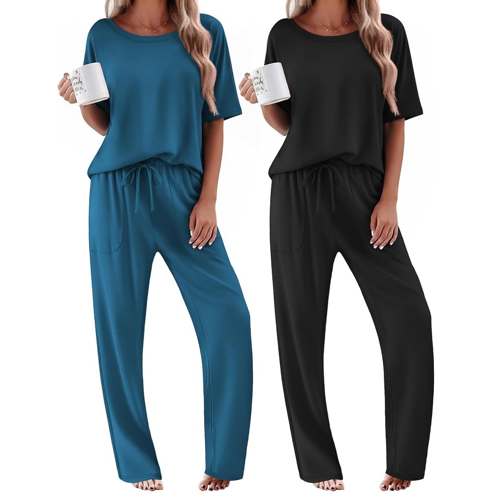 image:imageEkouaer 2 Pack Womens Pajama Sets Short Sleeve Tops and Long Pants Casual Comfy Pjs Lounge Set with PocketsSXXLBlackBlue Green