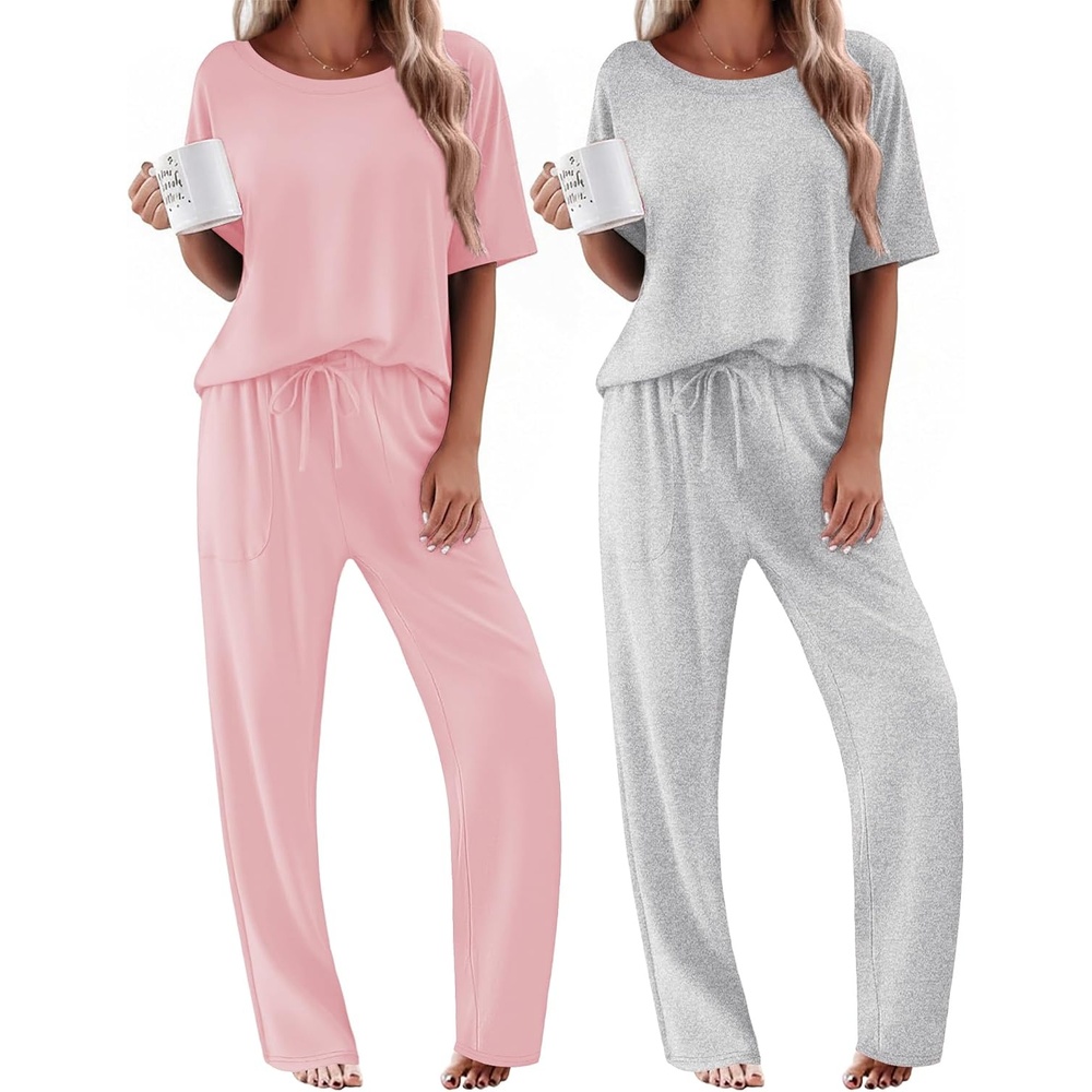 image:imageEkouaer 2 Pack Womens Pajama Sets Short Sleeve Tops and Long Pants Casual Comfy Pjs Lounge Set with PocketsSXXLLotus PinkLight Grey