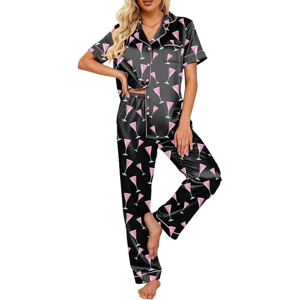 image:imageEkouaer 2 Piece Satin Short Sleeve Pajamas Set Button Down Sleepwear Soft Pjs Set Classic Loungewear for Wedding Party Home Daily Wear Date NightsBlack Cocktail