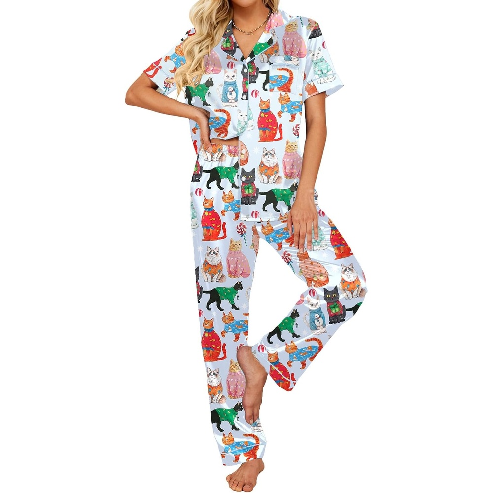 image:imageEkouaer 2 Piece Satin Short Sleeve Pajamas Set Button Down Sleepwear Soft Pjs Set Classic Loungewear for Wedding Party Home Daily Wear Date NightsBlue Cat