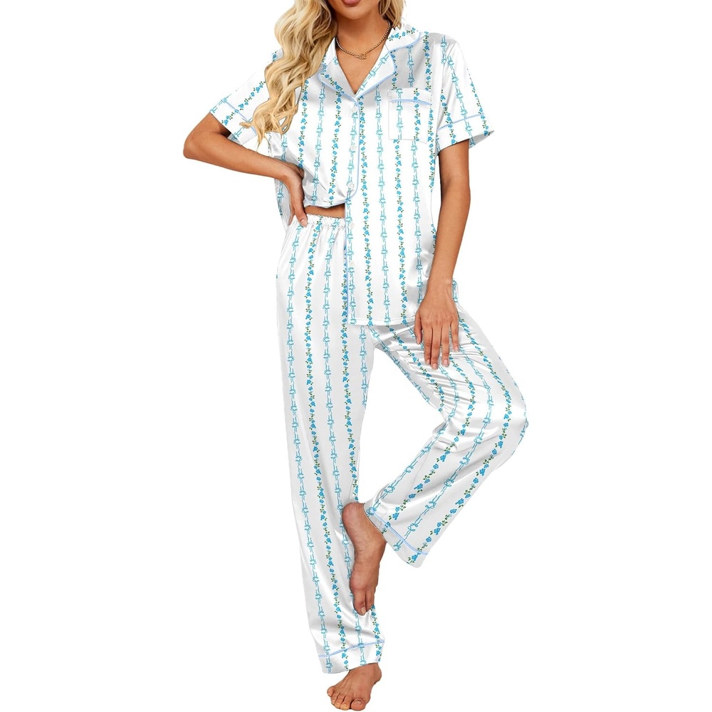 image:imageEkouaer 2 Piece Satin Short Sleeve Pajamas Set Button Down Sleepwear Soft Pjs Set Classic Loungewear for Wedding Party Home Daily Wear Date NightsBlue Bow Flower