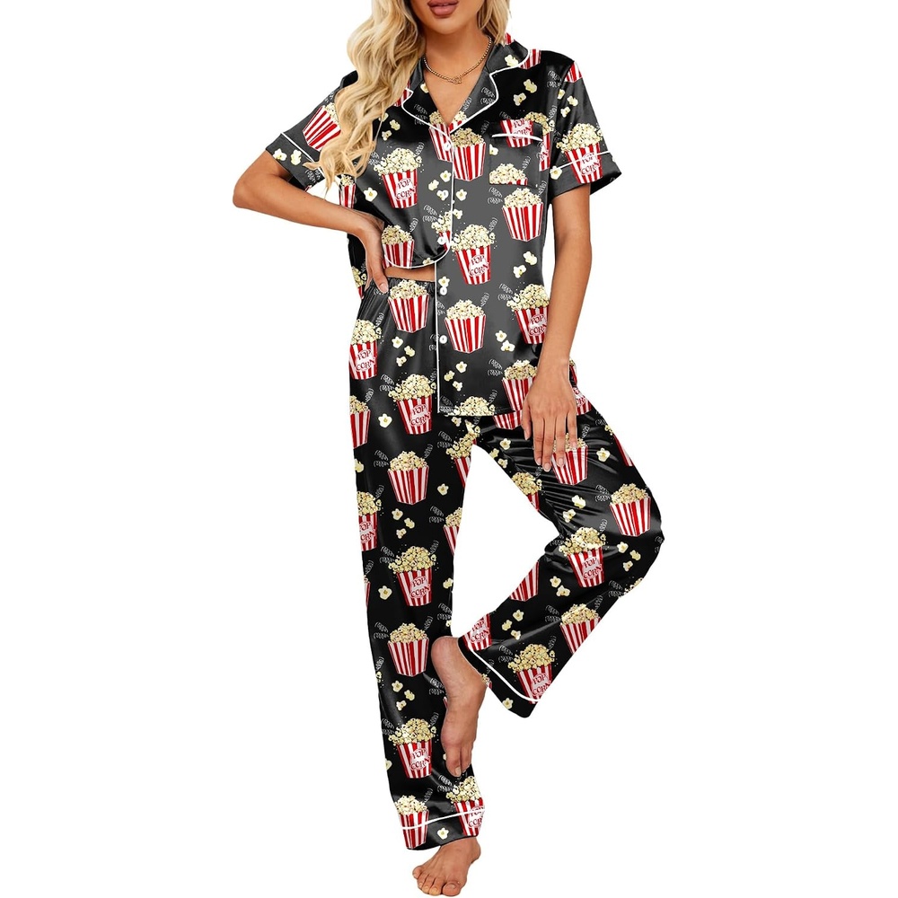 image:imageEkouaer 2 Piece Satin Short Sleeve Pajamas Set Button Down Sleepwear Soft Pjs Set Classic Loungewear for Wedding Party Home Daily Wear Date NightsFrench Fries