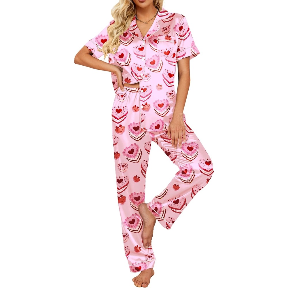 image:imageEkouaer 2 Piece Satin Short Sleeve Pajamas Set Button Down Sleepwear Soft Pjs Set Classic Loungewear for Wedding Party Home Daily Wear Date NightsHeartshaped Cake