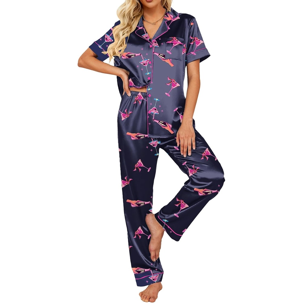 image:imageEkouaer 2 Piece Satin Short Sleeve Pajamas Set Button Down Sleepwear Soft Pjs Set Classic Loungewear for Wedding Party Home Daily Wear Date NightsNavy Cocktail