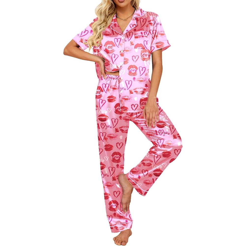 image:imageEkouaer 2 Piece Satin Short Sleeve Pajamas Set Button Down Sleepwear Soft Pjs Set Classic Loungewear for Wedding Party Home Daily Wear Date NightsPink Lip Heart