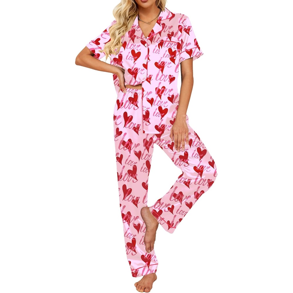 image:imageEkouaer 2 Piece Satin Short Sleeve Pajamas Set Button Down Sleepwear Soft Pjs Set Classic Loungewear for Wedding Party Home Daily Wear Date NightsPink Love
