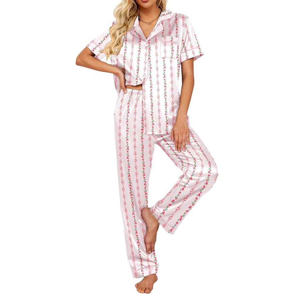 image:imageEkouaer 2 Piece Satin Short Sleeve Pajamas Set Button Down Sleepwear Soft Pjs Set Classic Loungewear for Wedding Party Home Daily Wear Date NightsPink Bow Flower