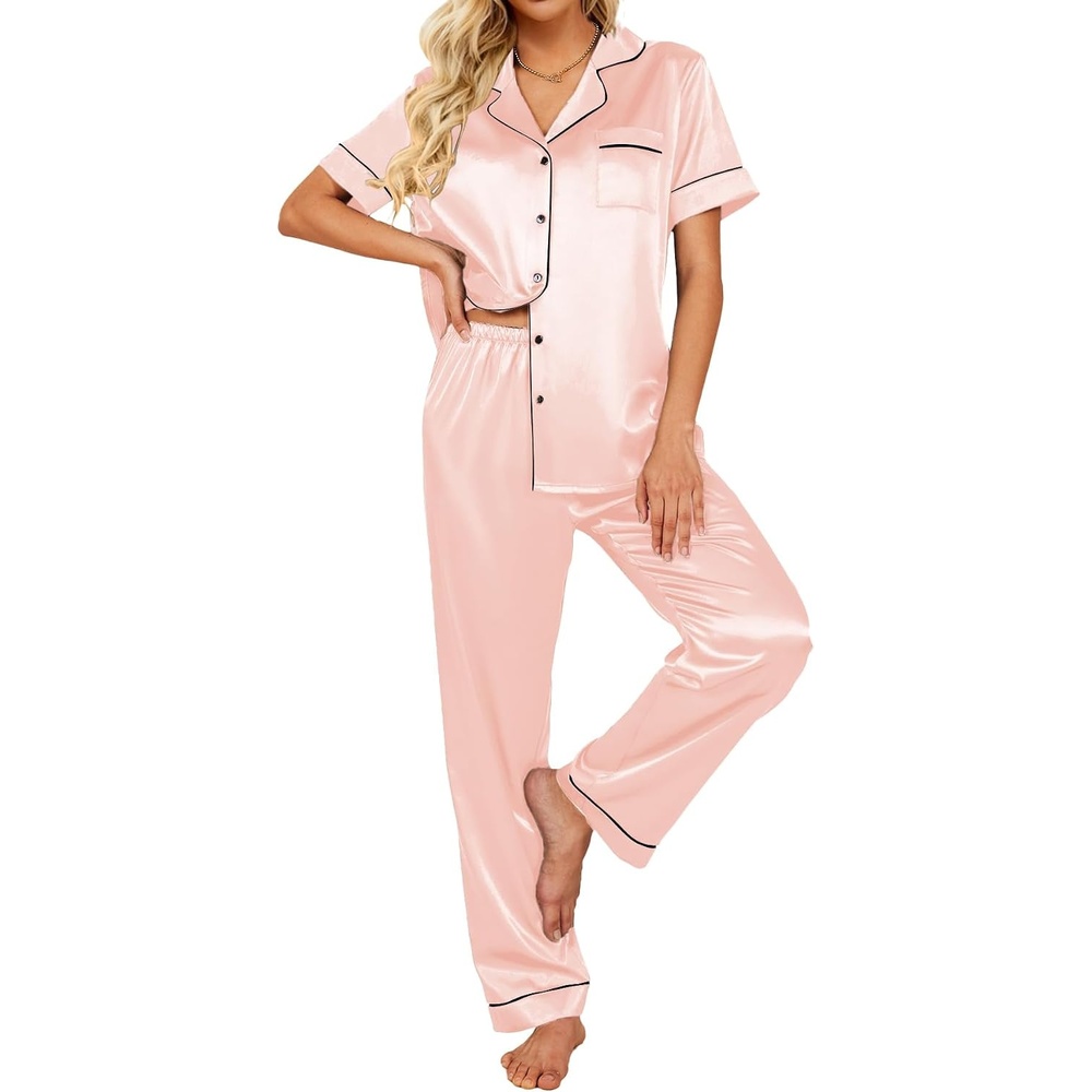 image:imageEkouaer 2 Piece Satin Short Sleeve Pajamas Set Button Down Sleepwear  Soft Pjs Set Classic Loungewear for Wedding Party Home Daily Wear Date NightsVeiled Rose
