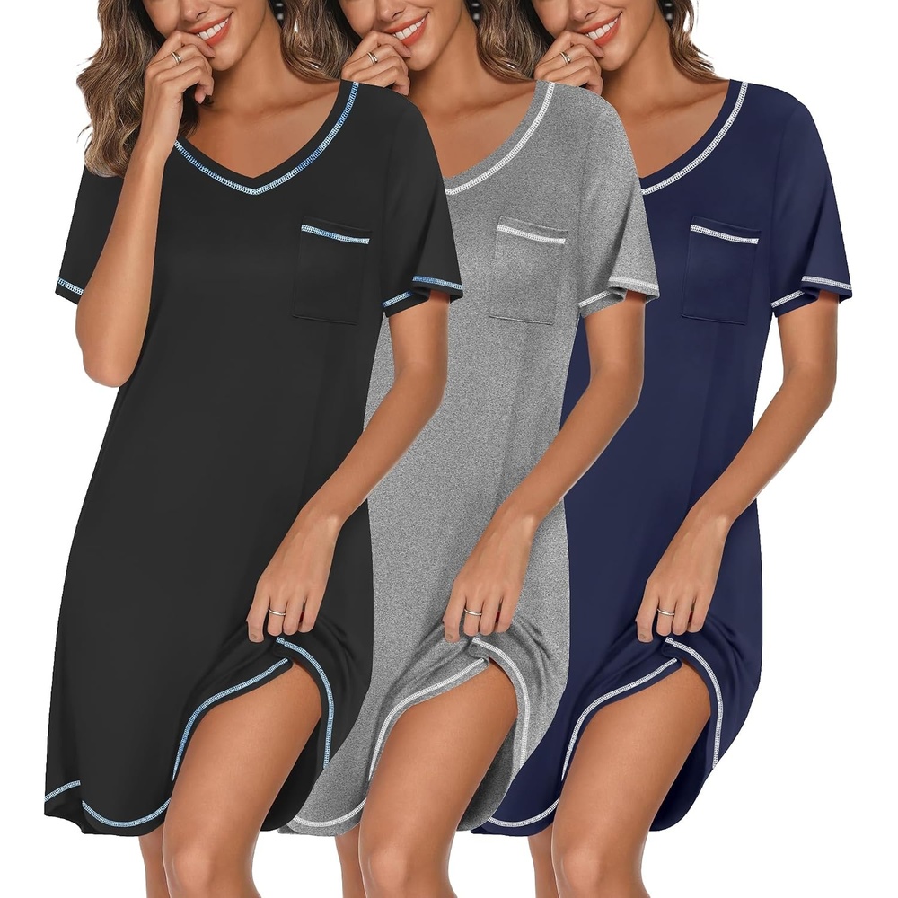 image:imageEkouaer 3 Pack Nightgowns for Women Short Sleeve Sleep Shirt Soft Sleepwear T shirt Nightgown V Neck Nightshirts Soft Sleepwear Dress Ladies Pajama Dress Plus Size Sleeping Gown Comfy NightdressBlackGreyNavy Blue