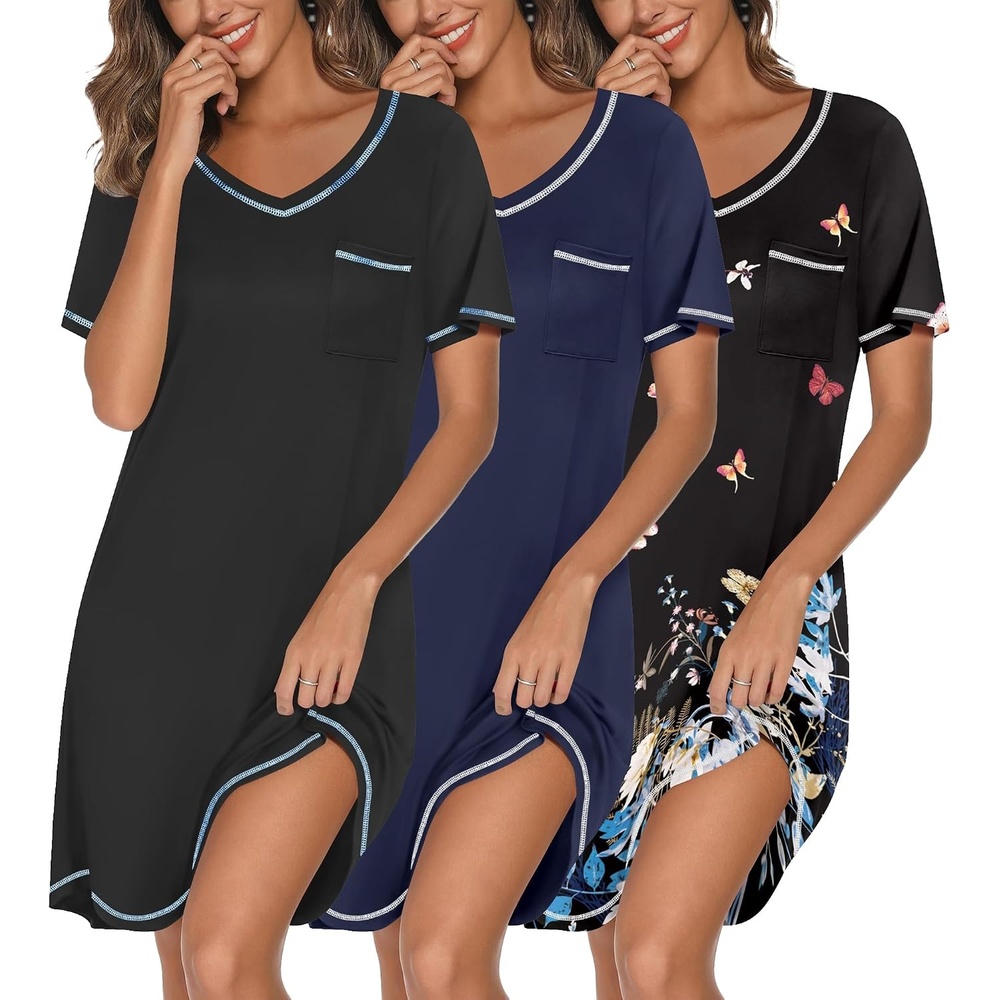 image:imageEkouaer 3 Pack Nightgowns for Women Short Sleeve Sleep Shirt Soft Sleepwear T shirt Nightgown V Neck Nightshirts Soft Sleepwear Dress Ladies Pajama Dress Plus Size Sleeping Gown Comfy NightdressBlackNavy BlueButterfly