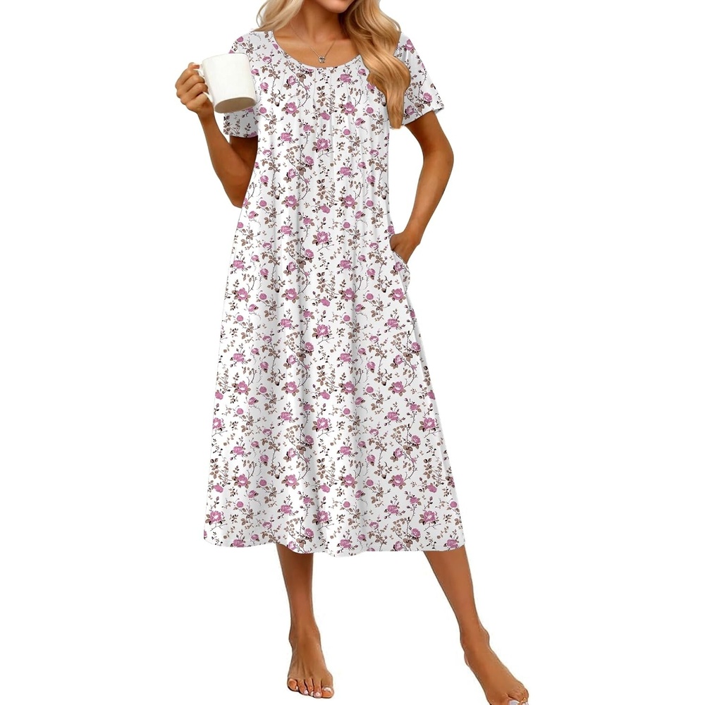 image:imageEkouaer Cotton Nightgowns for Women Long House Dresses with Pockets Plus Size Night Gowns Short Sleeve Night Shirts S3XLPink Cuttlefish