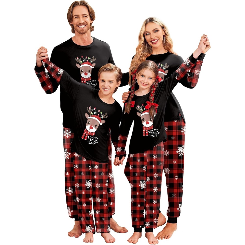 image:imageEkouaer Family Christmas Pajamas Matching Sets Soft Long Sleeve for Womens Mens Kids Pjs Family Sleepwear Holiday Lounge SetsBlack Cartoon Elk