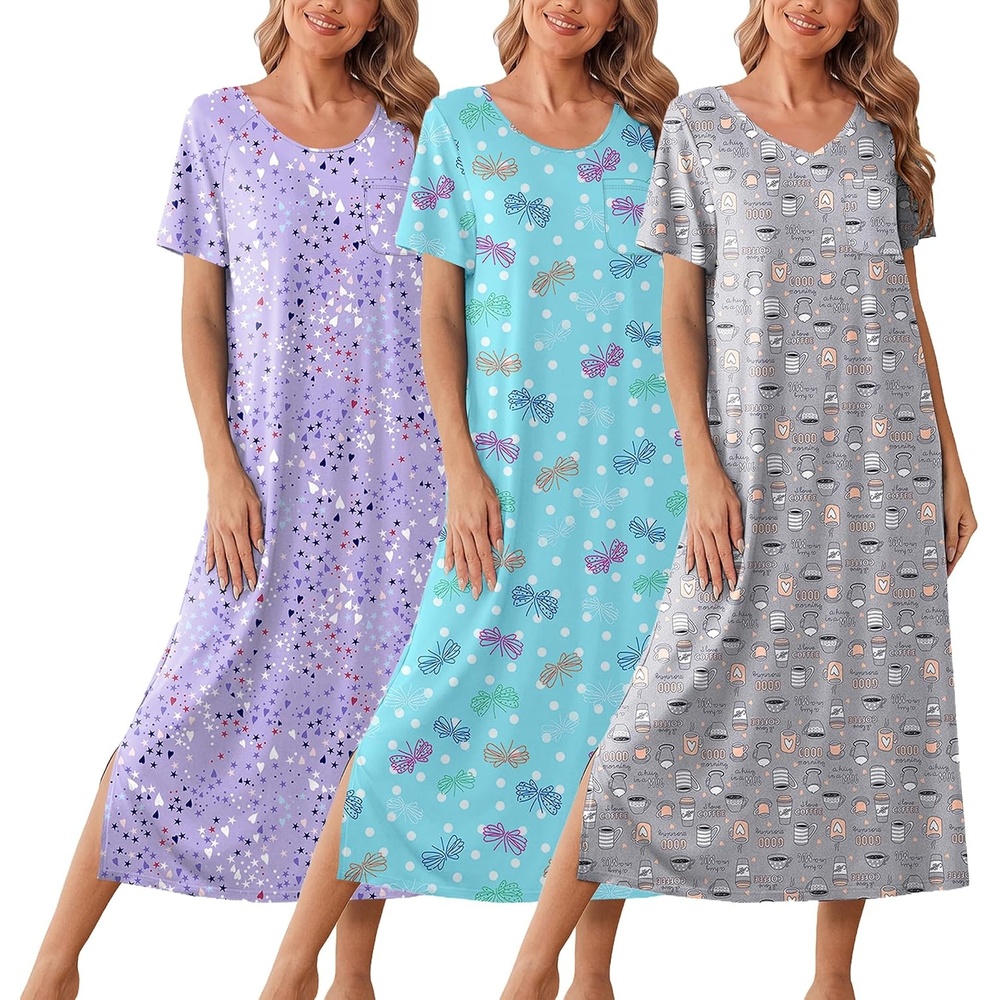 image:imageEkouaer Long Nightgowns for Women 3 Pack Plus Size Short Sleeve House Dress Ladies Night Gown V Neck Lounge Dress Plus Size Sleep Shirts Full Length Night Shirts Floral Moo Moos Soft Pajama DressGrey CoffeePurple StarBlue Butterfly