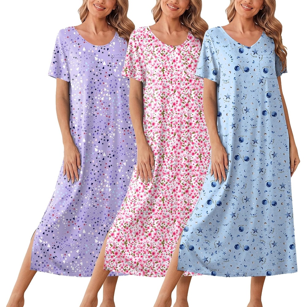 image:imageEkouaer Long Nightgowns for Women 3 Pack Plus Size Short Sleeve House Dress Ladies Night Gown V Neck Lounge Dress Plus Size Sleep Shirts Full Length Night Shirts Floral Moo Moos Soft Pajama DressBlue Moon StarPurple StarPink Floral
