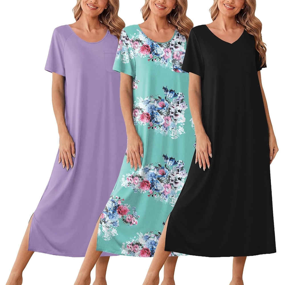 image:imageEkouaer Long Nightgowns for Women 3 Pack Plus Size Short Sleeve House Dress Ladies Night Gown V Neck Lounge Dress Plus Size Sleep Shirts Full Length Night Shirts Floral Moo Moos Soft Pajama DressBlackLilacGreen Flower
