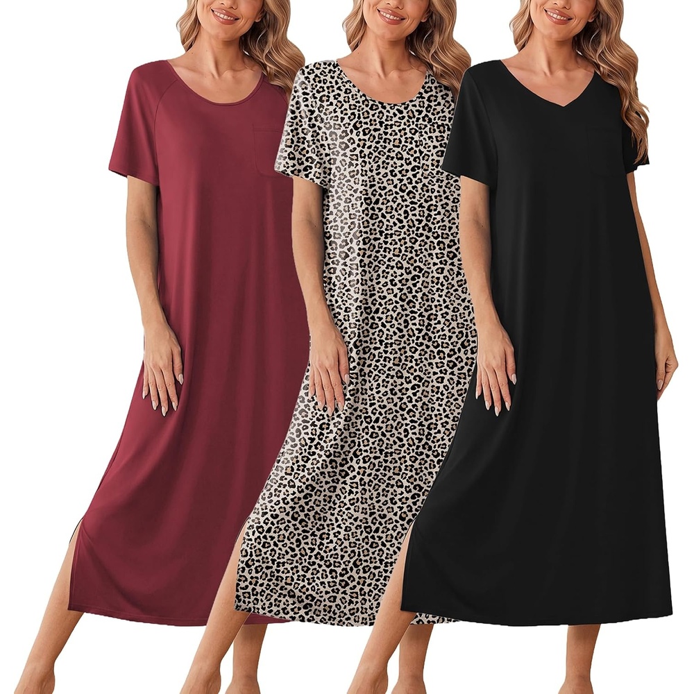 image:imageEkouaer Long Nightgowns for Women 3 Pack Plus Size Short Sleeve House Dress Ladies Night Gown V Neck Lounge Dress Plus Size Sleep Shirts Full Length Night Shirts Floral Moo Moos Soft Pajama DressBlackWine RedLeopard