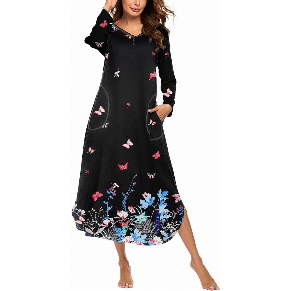 image:imageEkouaer Long Nightgowns for Women Long Sleeve House Dress with Pockets Warm FabricV Neck with 3 ButtonsColor Block Raglan SleeveFull Length Night GownNightshirt for ThanksgivingChristmasBlack Butterfly