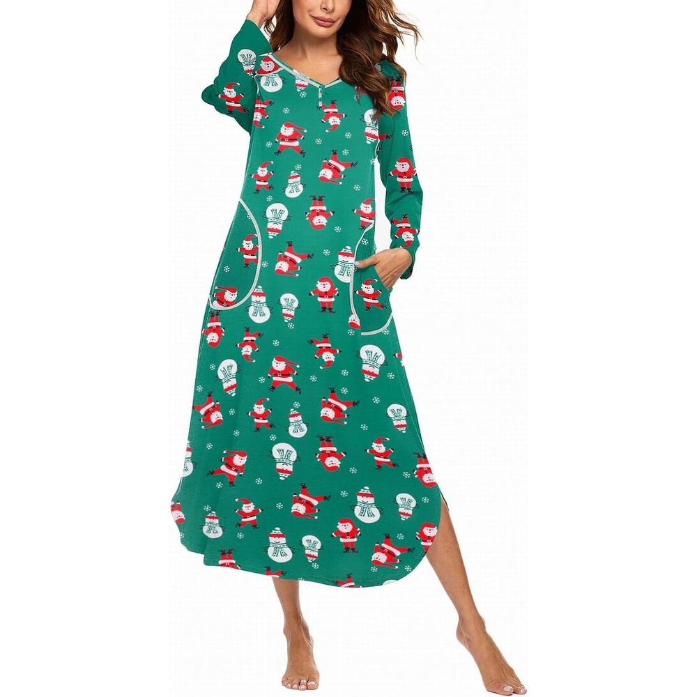 image:imageEkouaer Long Nightgowns for Women Long Sleeve House Dress with Pockets Warm FabricV Neck with 3 ButtonsColor Block Raglan SleeveFull Length Night GownNightshirt for ThanksgivingChristmasGreen Christmas