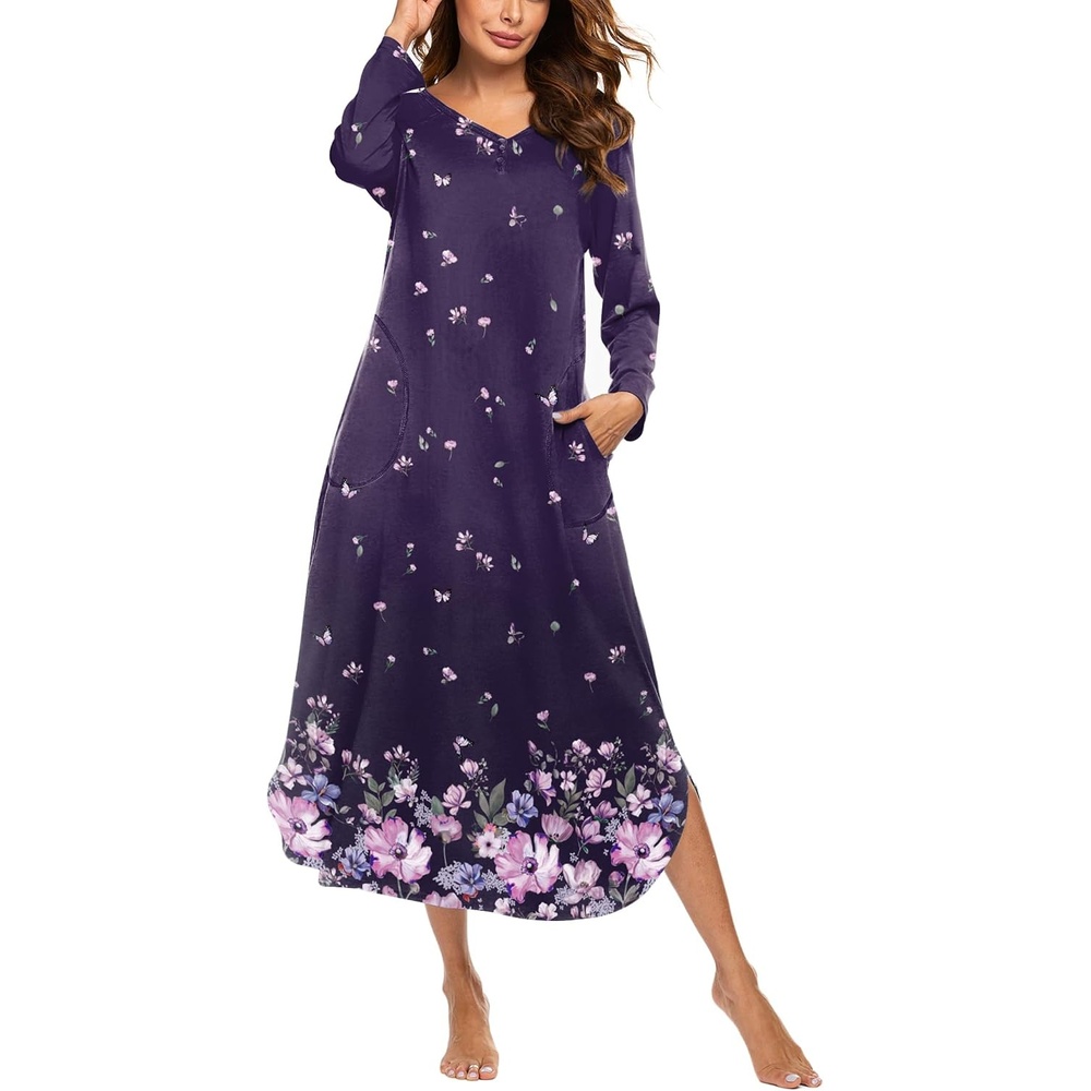image:imageEkouaer Long Nightgowns for Women Long Sleeve House Dress with Pockets Warm FabricV Neck with 3 ButtonsColor Block Raglan SleeveFull Length Night GownNightshirt for ThanksgivingChristmasPurple Florals