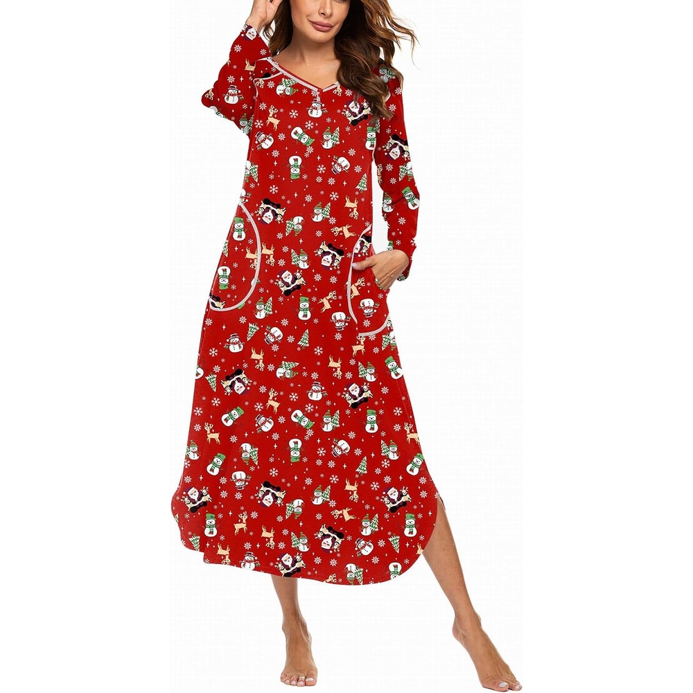 image:imageEkouaer Long Nightgowns for Women Long Sleeve House Dress with Pockets Warm FabricV Neck with 3 ButtonsColor Block Raglan SleeveFull Length Night GownNightshirt for ThanksgivingChristmasRed Christmas