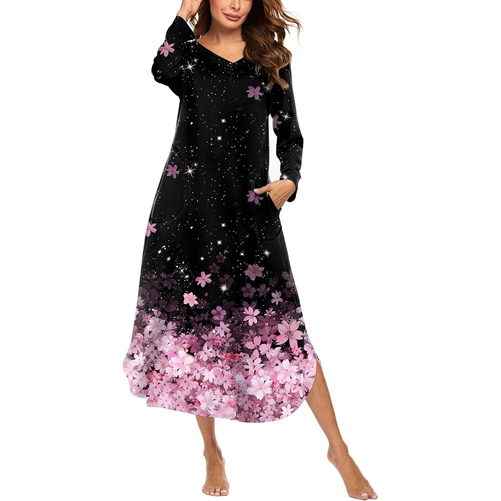 image:imageEkouaer Long Nightgowns for Women Long Sleeve House Dress with Pockets Warm FabricV Neck with 3 ButtonsColor Block Raglan SleeveFull Length Night GownNightshirt for ThanksgivingChristmasBlack Pink Sakura
