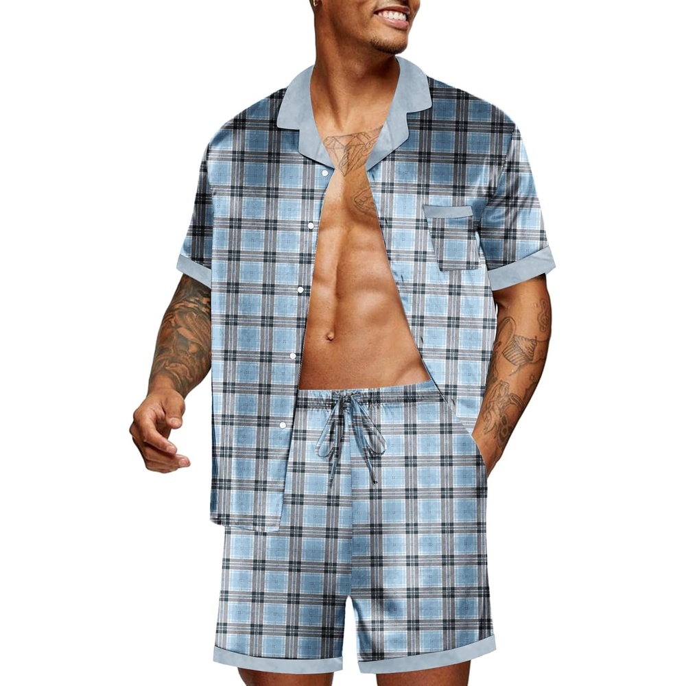 image:imageEkouaer Men Silk Pajamas Set 2 Pieces Satin Pj Button Down Loungewear Sets Shirt and ShortsSleepwearDrawstringPocketsShort SleeveMatching SetBreathableSoftMens Gift for BirthdaySummerFallBlue Check