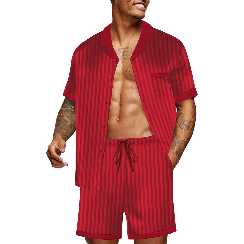 image:imageEkouaer Men Silk Pajamas Set 2 Pieces Satin Pj Button Down Loungewear Sets Shirt and ShortsSleepwearDrawstringPocketsShort SleeveMatching SetBreathableSoftMens Gift for BirthdaySummerFallRed Striped