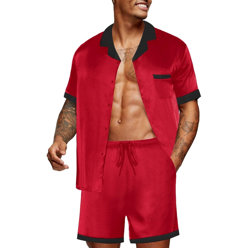 image:imageEkouaer Men Silk Pajamas Set 2 Pieces Satin Pj Button Down Loungewear Sets  Shirt and ShortsSleepwearDrawstringPocketsShort SleeveMatching SetBreathableSoftMens Gift for BirthdaySummerFall01 Red