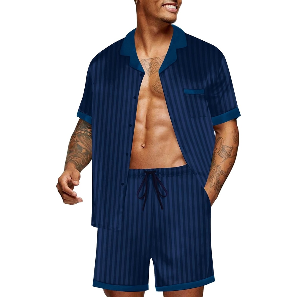 image:imageEkouaer Men Silk Pajamas Set 2 Pieces Satin Pj Button Down Loungewear Sets Shirt and ShortsSleepwearDrawstringPocketsShort SleeveMatching SetBreathableSoftMens Gift for BirthdaySummerFallNavy Striped