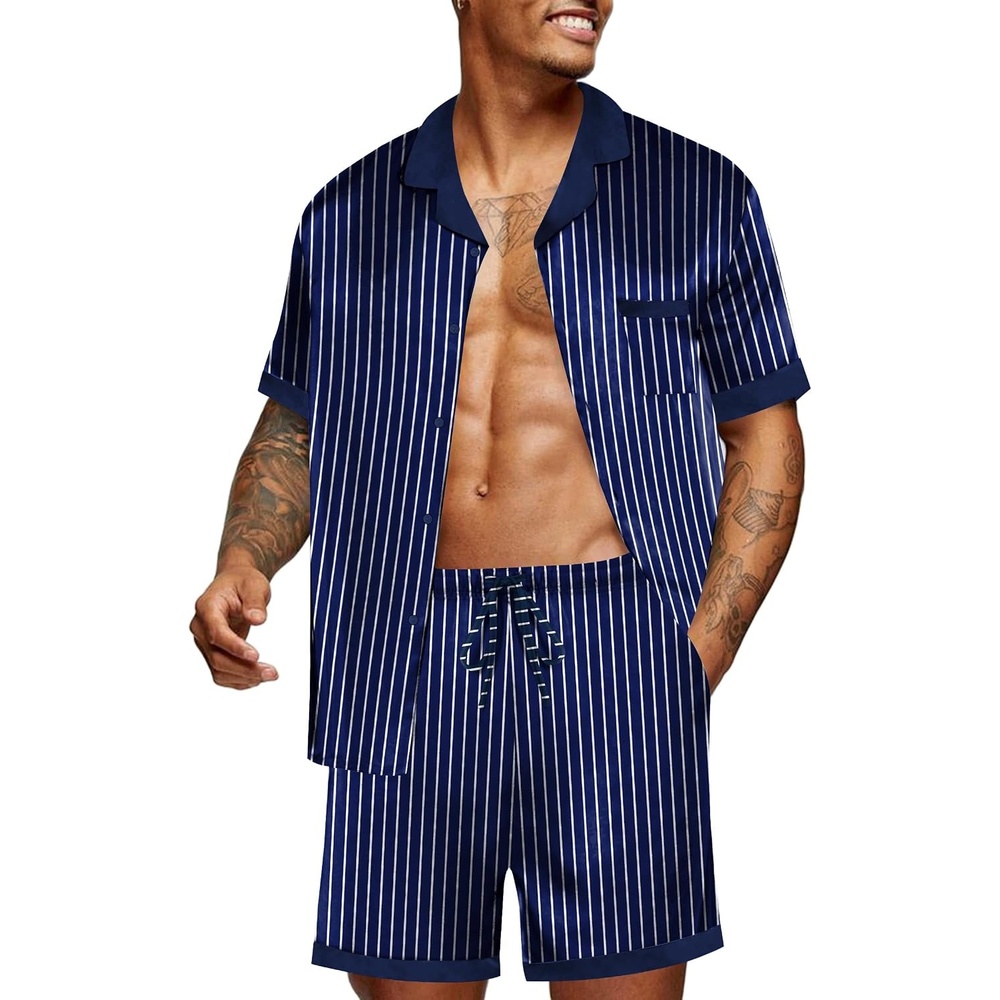 image:imageEkouaer Men Silk Pajamas Set 2 Pieces Satin Pj Button Down Loungewear Sets Shirt and ShortsSleepwearDrawstringPocketsShort SleeveMatching SetBreathableSoftMens Gift for BirthdaySummerFallBlue Striped