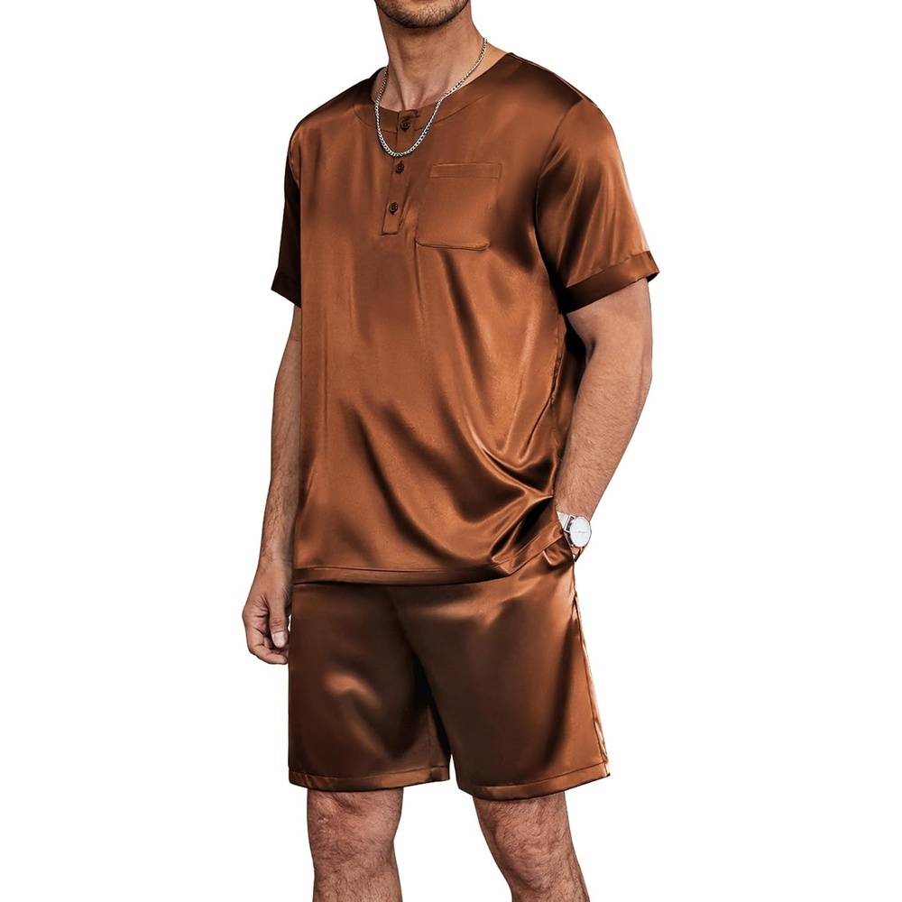 image:imageEkouaer Mens Pajamas Set 2 Piece Silk Pjs Sets Button Down Loungewear  Satin Sleepwear Summer Fall Homewear Short Sleeve Tops and Shorts with PocketsBrown