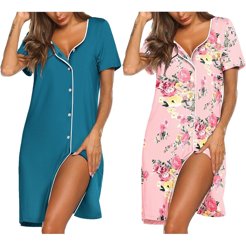 image:imageEkouaer Nightgowns for Women 2 Pack Night Gowns Button Down Sleep Shirts  Soft Fabric2 Pack Night ShirtsShort Sleeve Pajama DressLabor and Delivery GownPerfect for SleepPostpartumNursingBlue GreenPink Floral