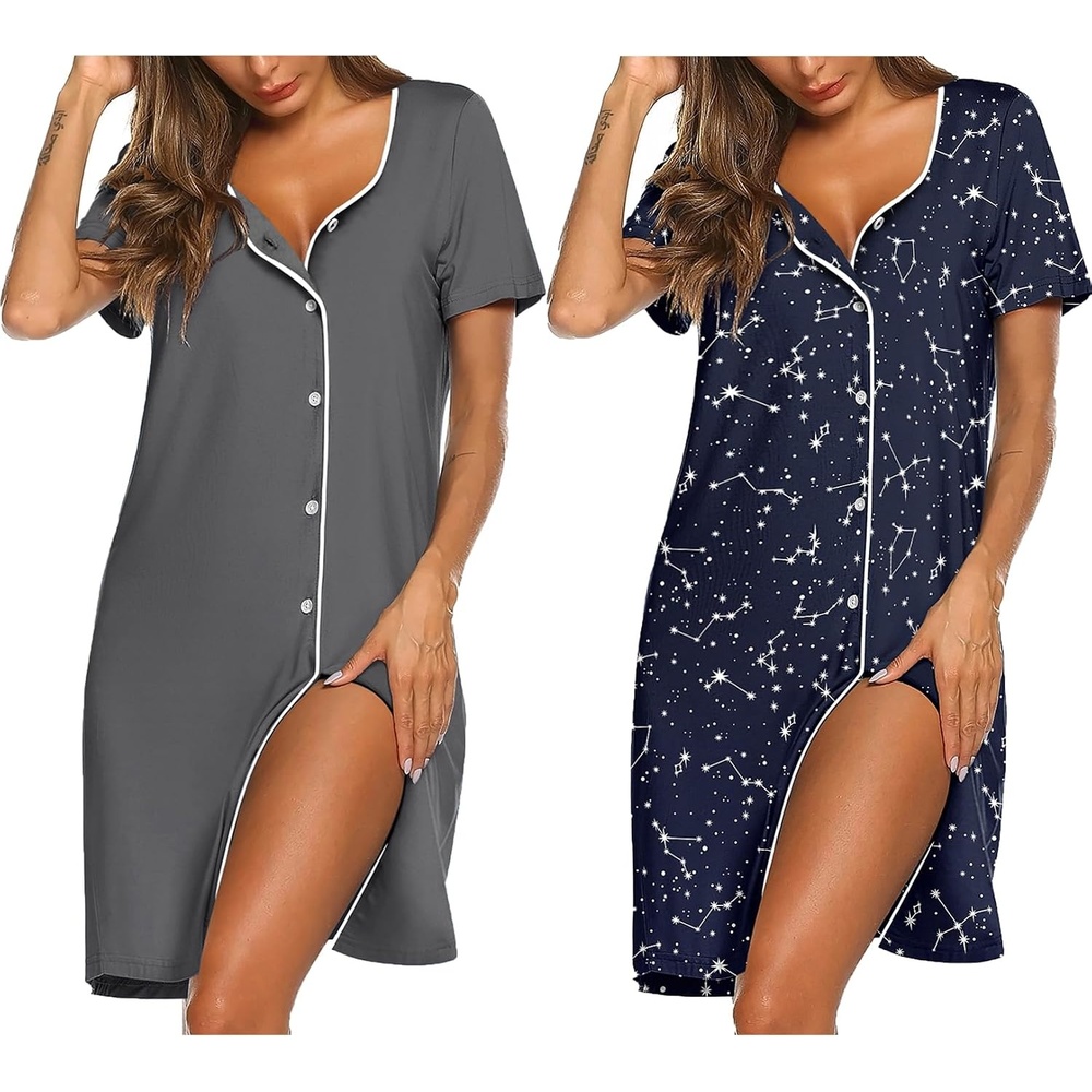 image:imageEkouaer Nightgowns for Women 2 Pack Night Gowns Button Down Sleep Shirts  Soft Fabric2 Pack Night ShirtsShort Sleeve Pajama DressLabor and Delivery GownPerfect for SleepPostpartumNursingGreyBlue Star