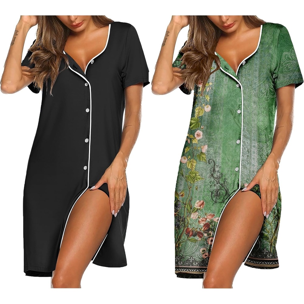 image:imageEkouaer Nightgowns for Women 2 Pack Night Gowns Button Down Sleep Shirts  Soft Fabric2 Pack Night ShirtsShort Sleeve Pajama DressLabor and Delivery GownPerfect for SleepPostpartumNursingBlackGreen Flower
