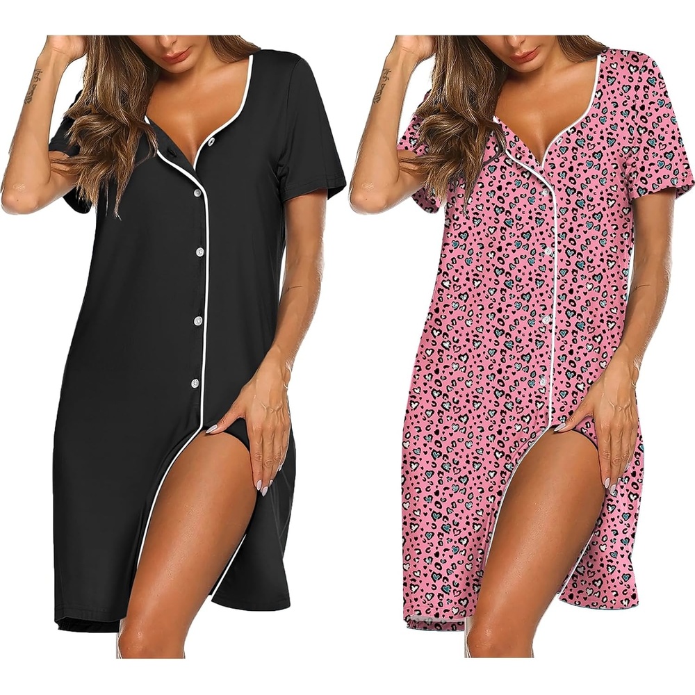 image:imageEkouaer Nightgowns for Women 2 Pack Night Gowns Button Down Sleep Shirts  Soft Fabric2 Pack Night ShirtsShort Sleeve Pajama DressLabor and Delivery GownPerfect for SleepPostpartumNursingBlackPink White Leopard