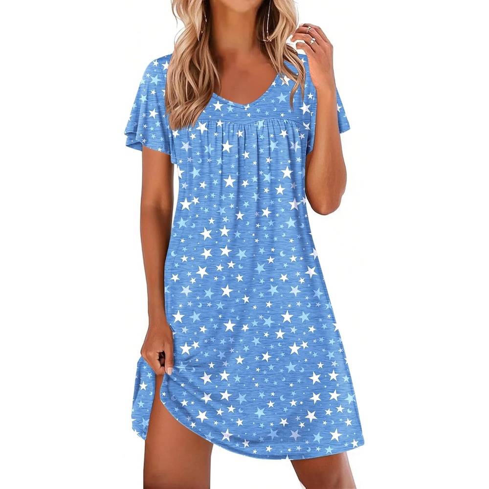 image:imageEkouaer Nightgowns for Women Short Sleeve House Dress Pleated Night Gown  Soft Sleep Shirts V Neck Night Shirts Comfy Moo Moos Ladies Sleep Dress Plus Size Pajama Dress Gowns for Women SleepwearBlue Star